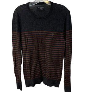 Allsaints Mens Keel Merino Wool Crew Sweater Stripes Size Small Gray Brown